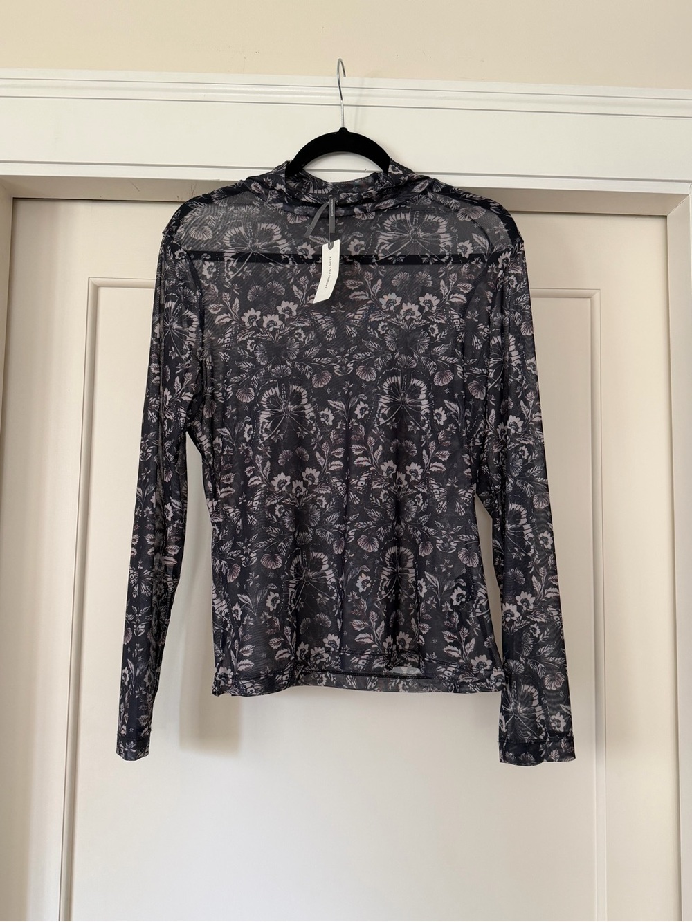 Anthropologie Black Cream Floral Sheer Mesh Mock Neck Top L NWT